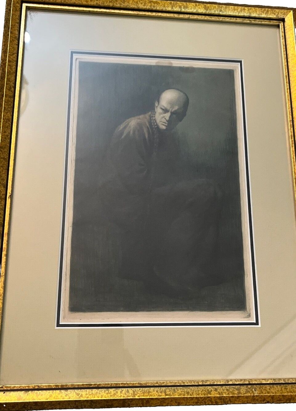Framed Lithograph Man Nosferatu Creepy Vintage Art Gold Self Portrait Etching